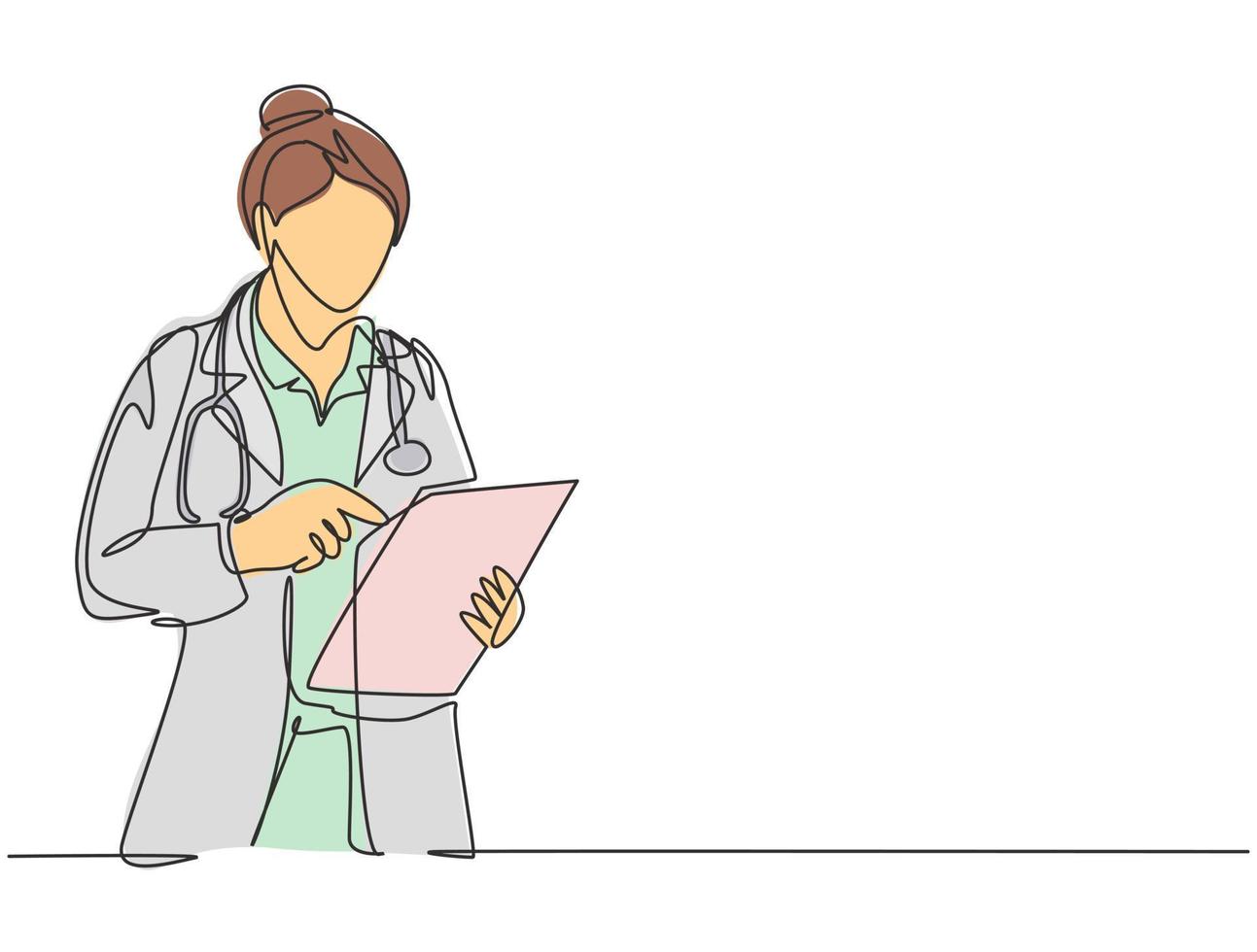 One single line drawing of young female doctor reading patient medical record on clipboard while stand at hospital hallway. Medical health care concept continuous line draw design vector illustration