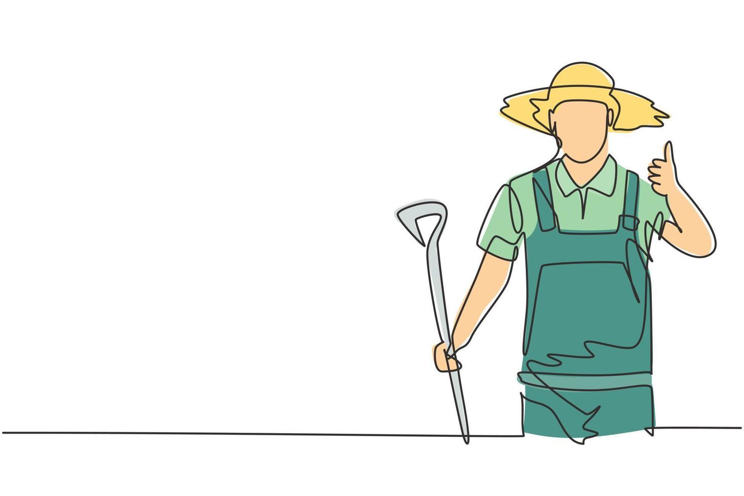 Single one line drawing of the male farmer with a thumbs-up gesture wearing a straw hat and carrying a shovel to work on the farm. Modern continuous line draw design graphic vector illustration.