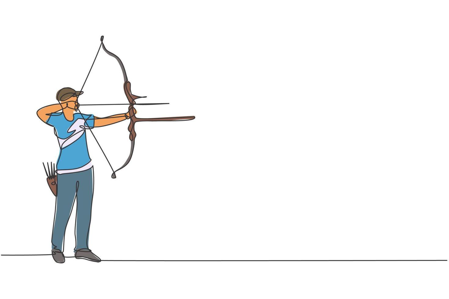 One continuous line drawing of young archer man pulling bow to shooting an archery target. Archery sport training and exercising concept. Dynamic single line draw design graphic vector illustration