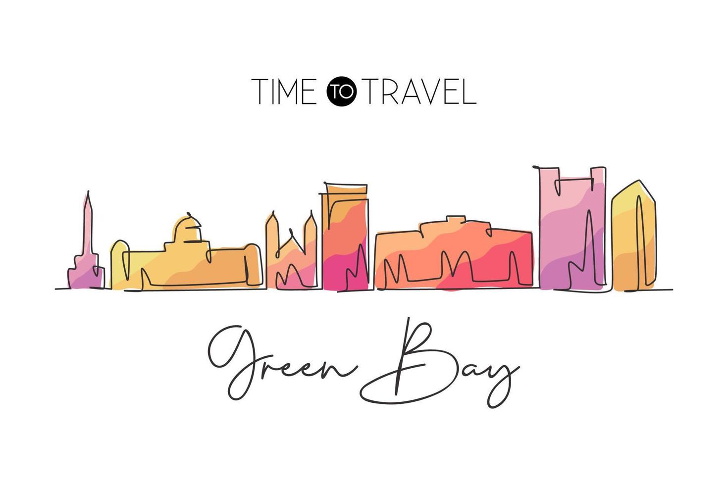 One single line drawing Green Bay city skyline, Wisconsin. World historical town landscape. Best holiday destination postcard. Editable stroke trendy continuous line draw design vector illustration