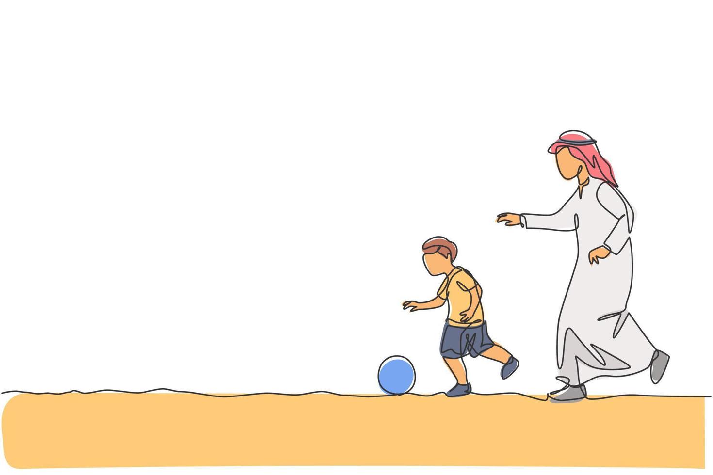 One continuous line drawing of young Arabian father and his son running and playing football. Happy Islamic muslim loving parenting family concept. Dynamic single line draw design vector illustration