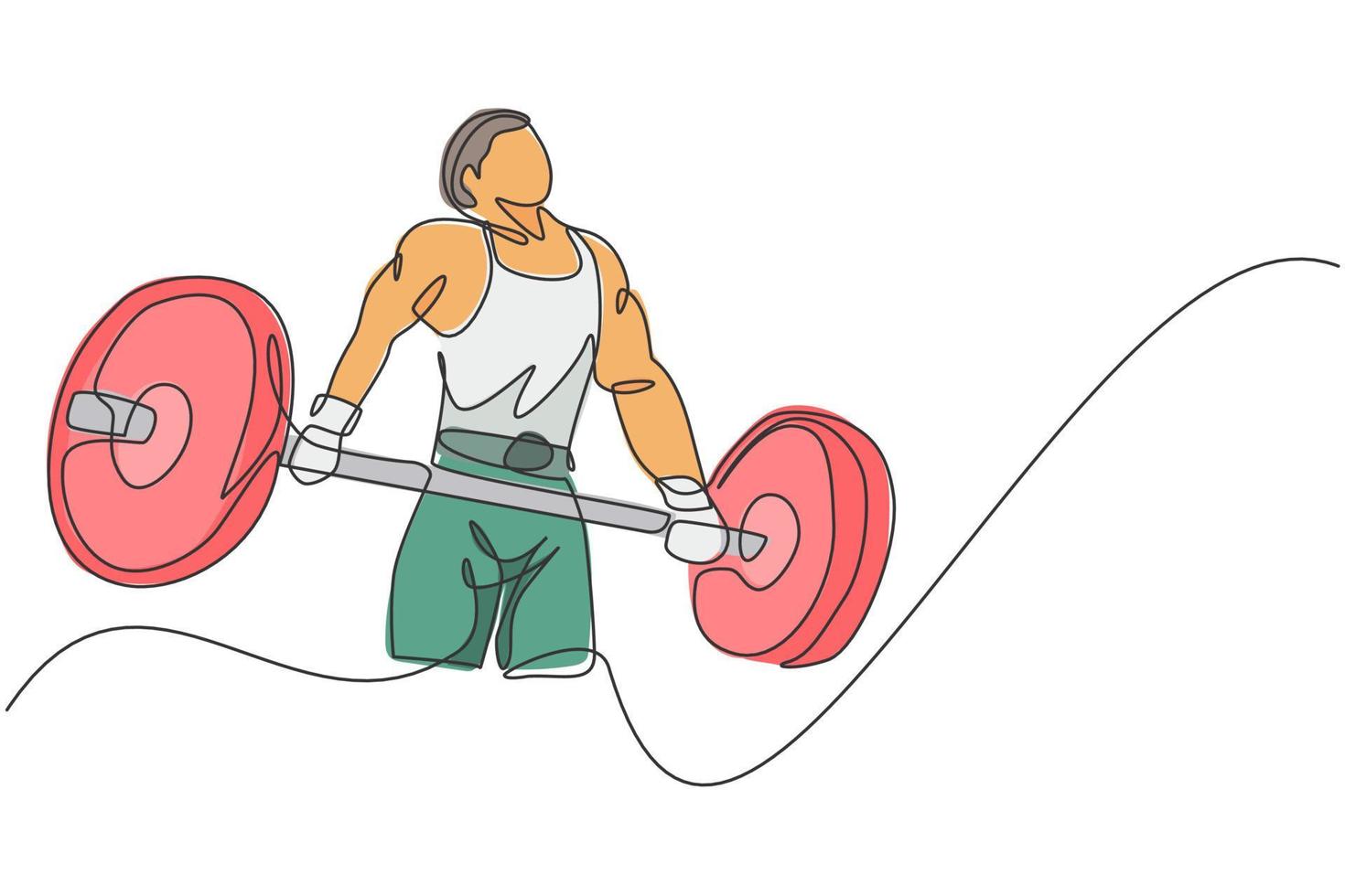 Single continuous line drawing of young strong weightlifter man preparing for barbell workout in gym. Weight lifting training concept. Trendy one line draw graphic design vector illustration