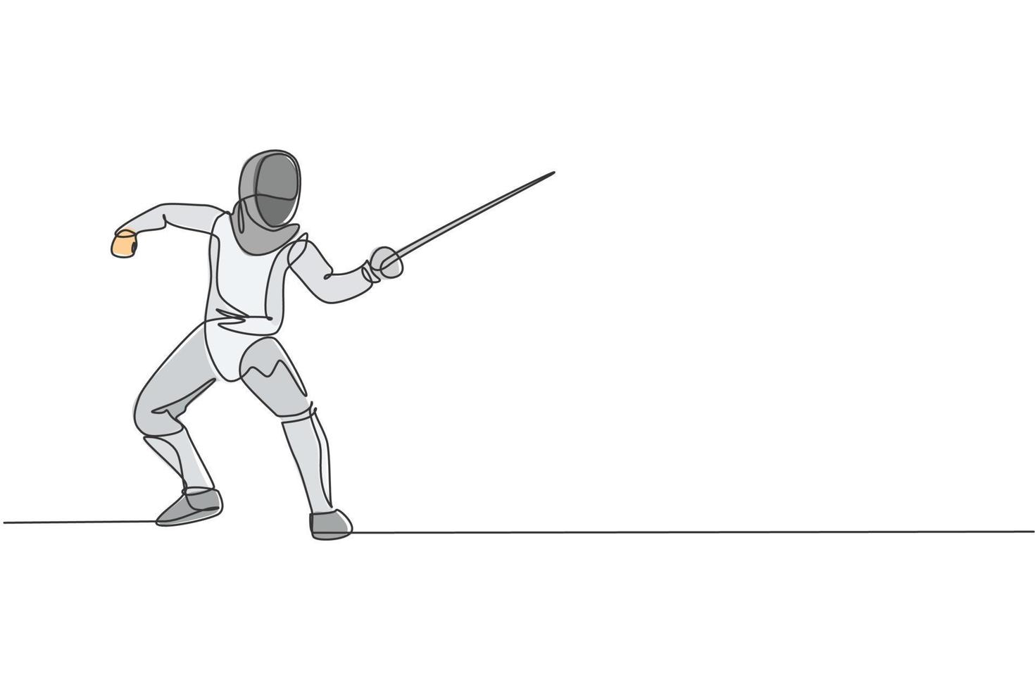 Single continuous line drawing of young professional fencer athlete woman in fencing mask and rapier. Competitive fighting sport competition concept. Trendy one line draw design vector illustration