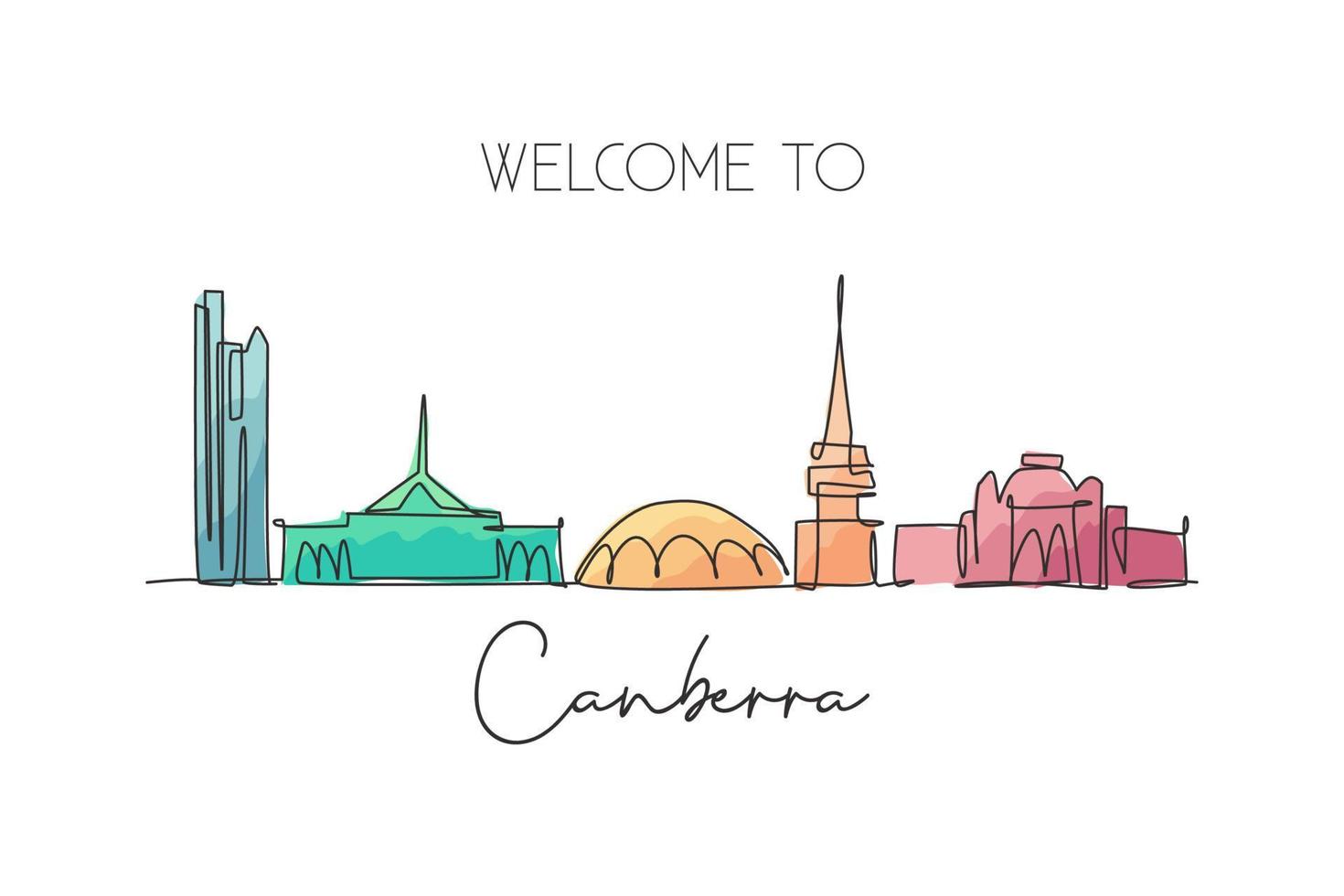 una sola línea dibujando el horizonte de la ciudad de canberra, australia. paisaje histórico de la ciudad. El mejor destino de vacaciones para la decoración de la pared del hogar. ilustración de vector de diseño de dibujo de línea continua de moda