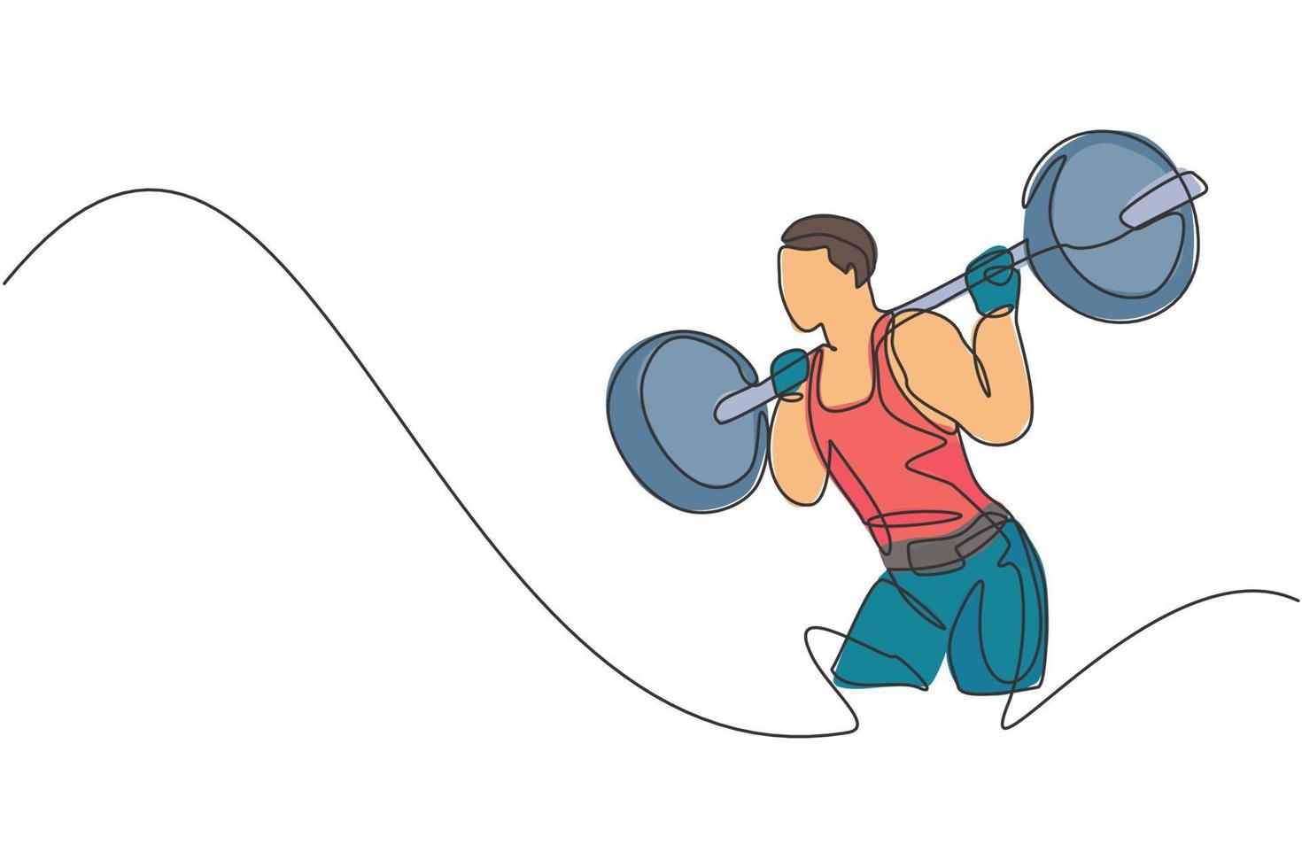 One continuous line drawing of young bodybuilder man doing exercise with a heavy weight bar in gym. Powerlifter train weightlifting concept. Dynamic single line draw design vector graphic illustration