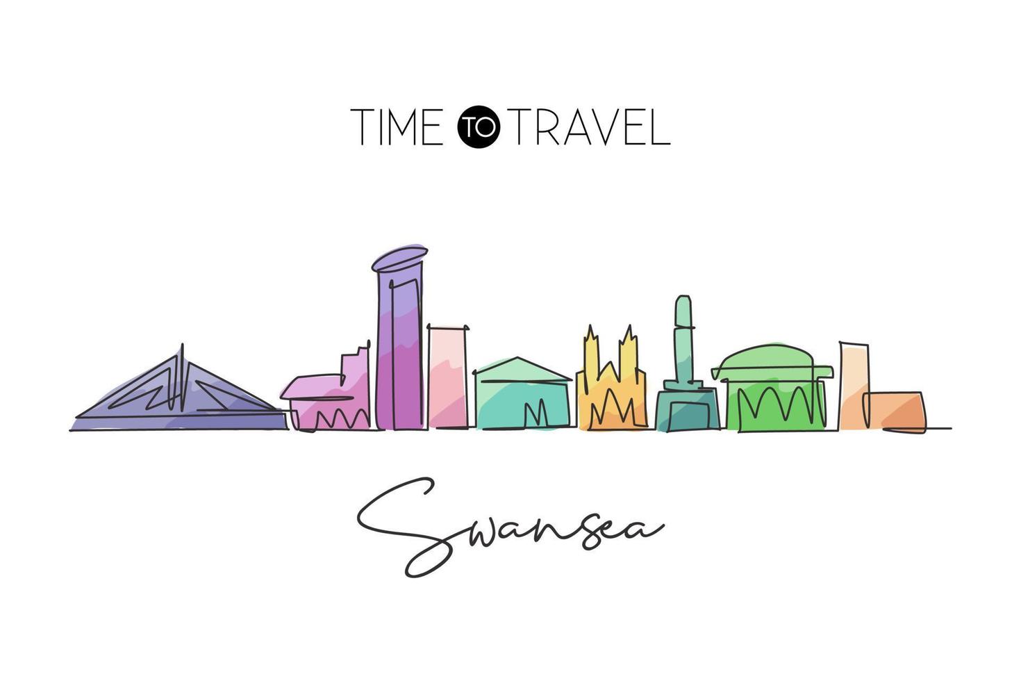 One single line drawing of Swansea city skyline United Kingdom. Historical town landscape in the world. Best holiday destination. Editable stroke trendy continuous line draw design vector illustration