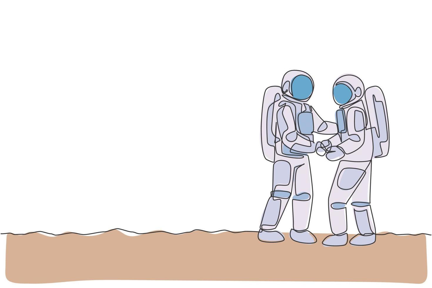 Single continuous line drawing of two young astronauts handshake to deal business agreement in moon surface. Space man cosmic galaxy concept. Trendy one line draw design vector illustration graphic