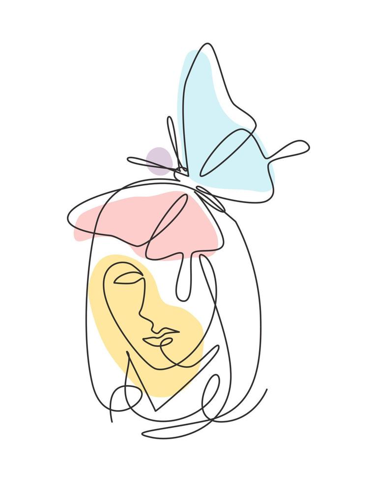 Single continuous line drawing beauty woman with butterfly artwork. Botanical, fashion, t-shirt print. Portrait minimalistic style concept. Trendy one line draw design vector graphic illustration