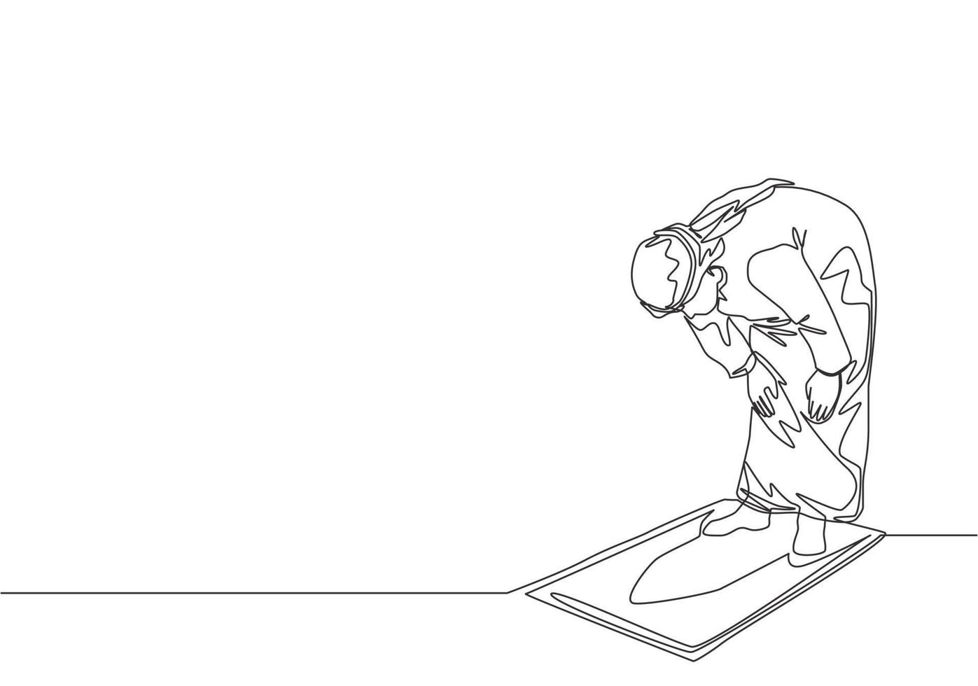 One single line drawing of muslim person pray salat on sajadah at ruku position in shmag traditional Arab cloth. Eid Mubarak greeting card concept continuous line draw design vector illustration