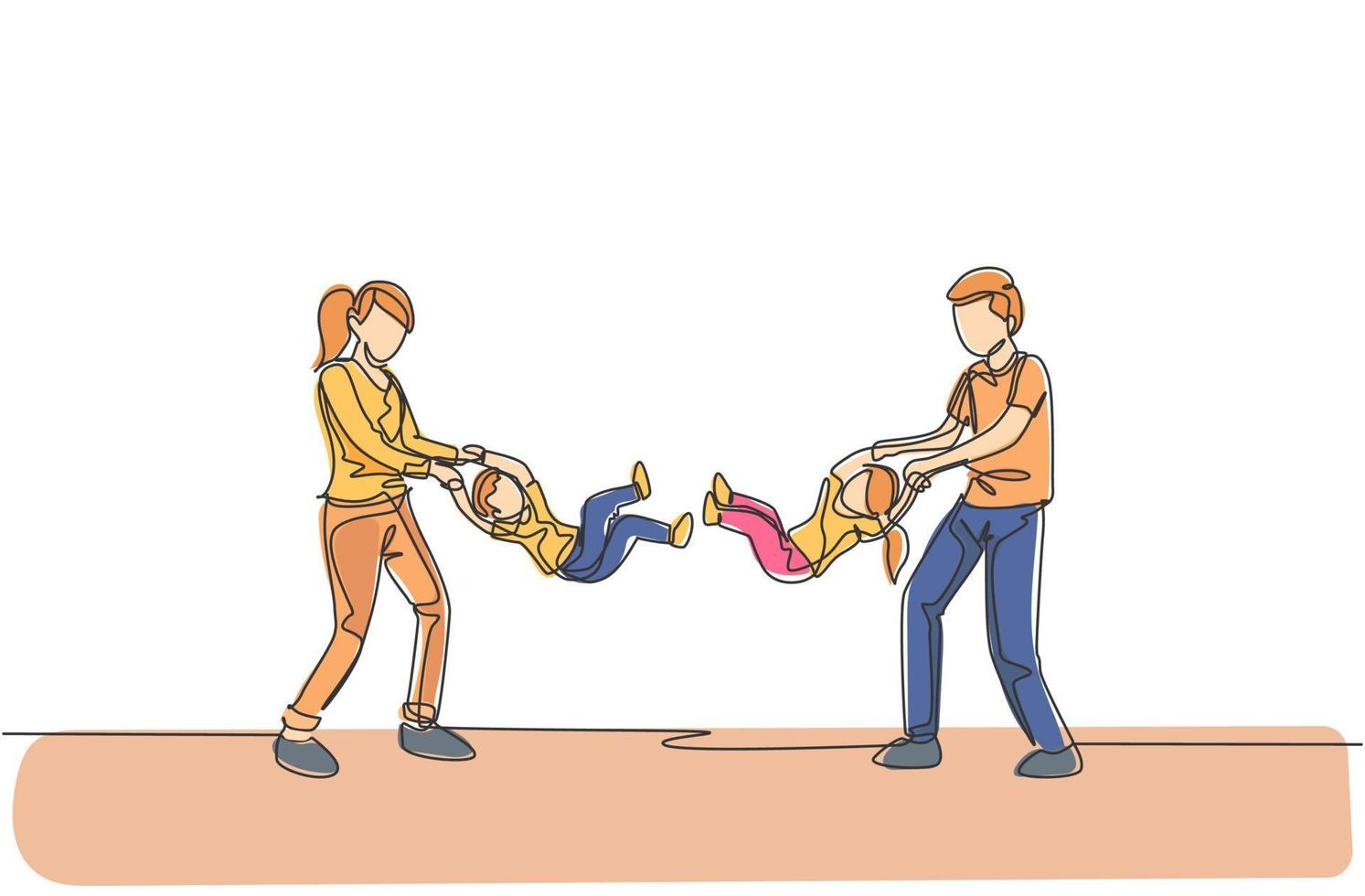 dibujo de una sola línea de padre y madre jóvenes jugando con su hijo e hija, balanceándose en el aire en la ilustración de vector de casa. concepto de crianza de los hijos de familia feliz. diseño de dibujo de línea continua