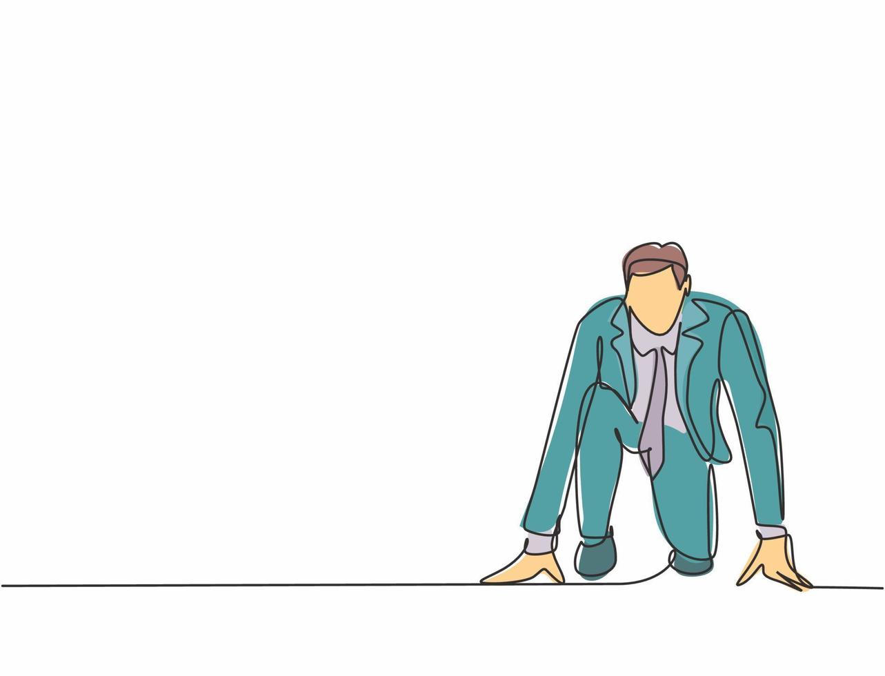 One continuous single line drawing of young happy businessman gets ready to  doing sprint run on running track, from front view. Business race concept  trendy single line draw design vector illustration 20611145