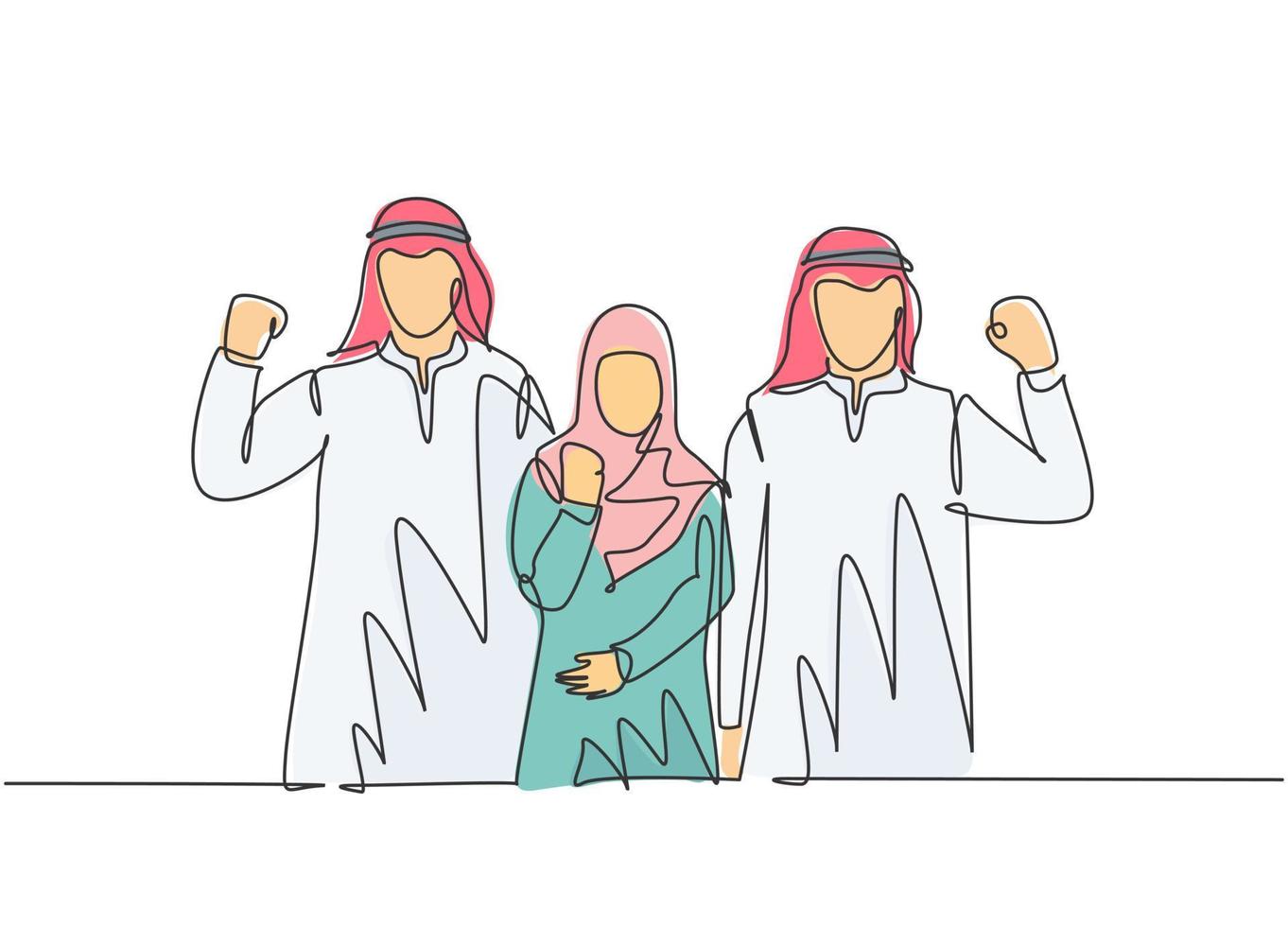 One single line drawing of young happy male and female muslim employees raising hands to celebrate job promotion. Saudi Arabia cloth headscarf, hijab. Continuous line draw design vector illustration