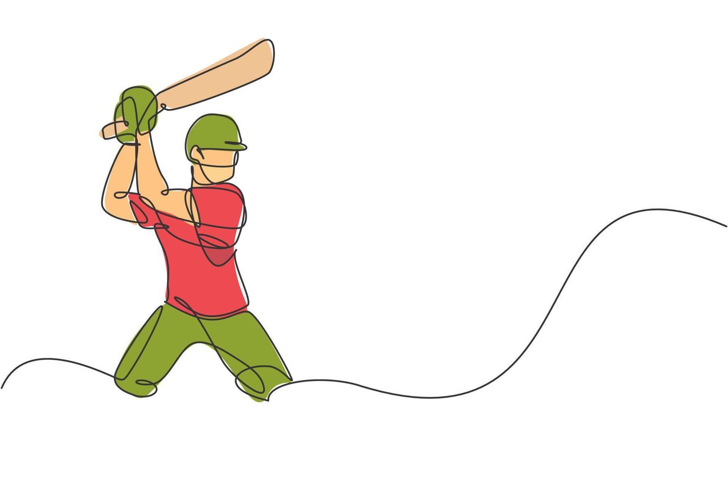 Single continuous line drawing of young agile man cricket player standing and ready to hit ball vector illustration. Sport exercise concept. Trendy one line draw design for cricket promotion media