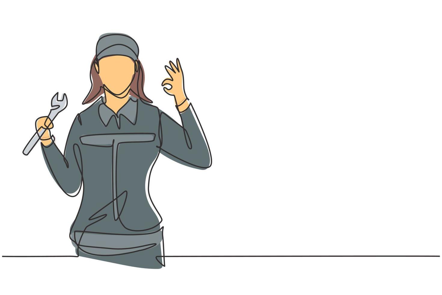 Continuous one line drawing female mechanic with gesture okay and holding wrench works to fix broken car engine in garage. Success business concept. Single line draw design vector graphic illustration