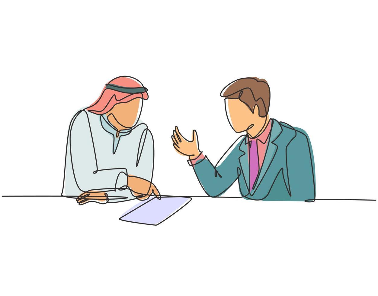 Single continuous line drawing of young muslim discussing business deal  project with his colleague. Arab middle east cloth shmagh, kandura, thawb, robe, hijab. One draw design vector illustration