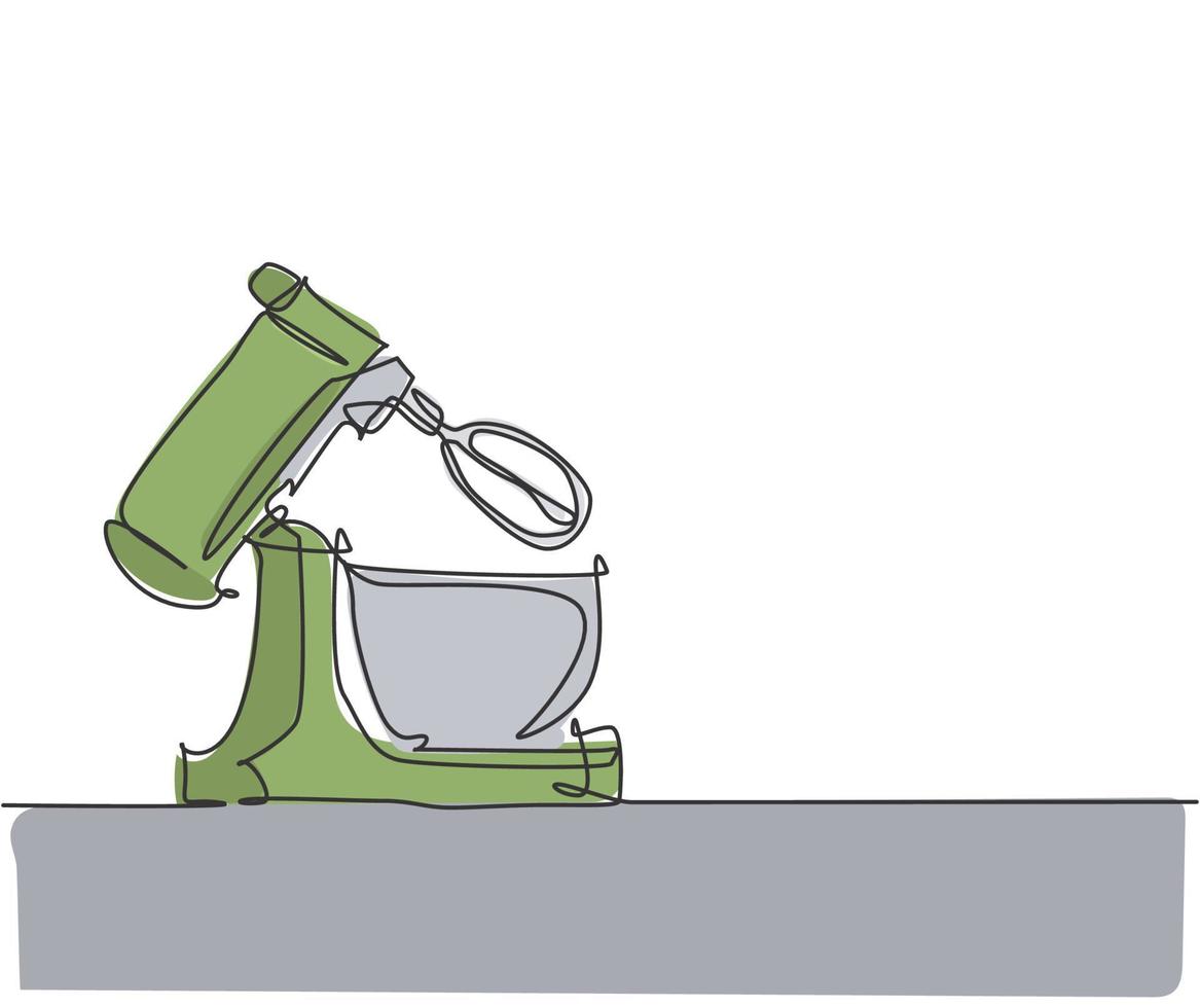 Un dibujo de línea continua de un aparato electrodoméstico batidora de pie para hacer masa de panadería. concepto de plantilla de gadget de hogar de electricidad. Ilustración gráfica de vector de diseño de dibujo de línea única de moda