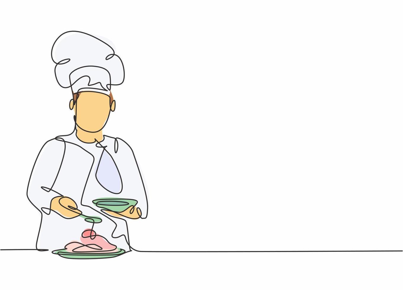 Single continuous line drawing of young happy male chef pouring sauce on main dish to serve to customer. Preparing healthy food concept one line drawing design vector minimalism illustration