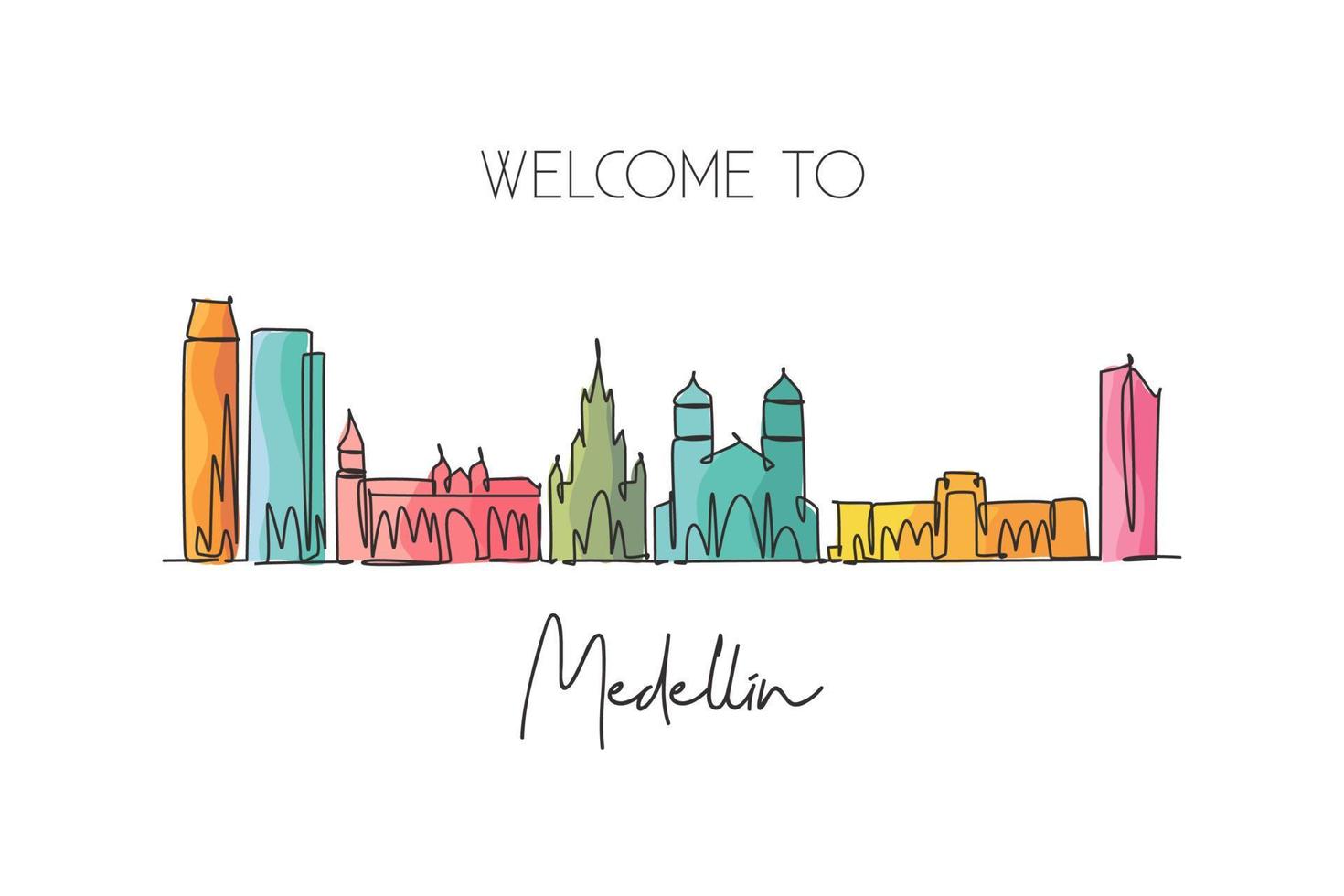 One single line drawing of Medellin city skyline, Colombia. World historical town landscape. Best holiday place destination. Editable stroke trendy continuous line draw design art vector illustration