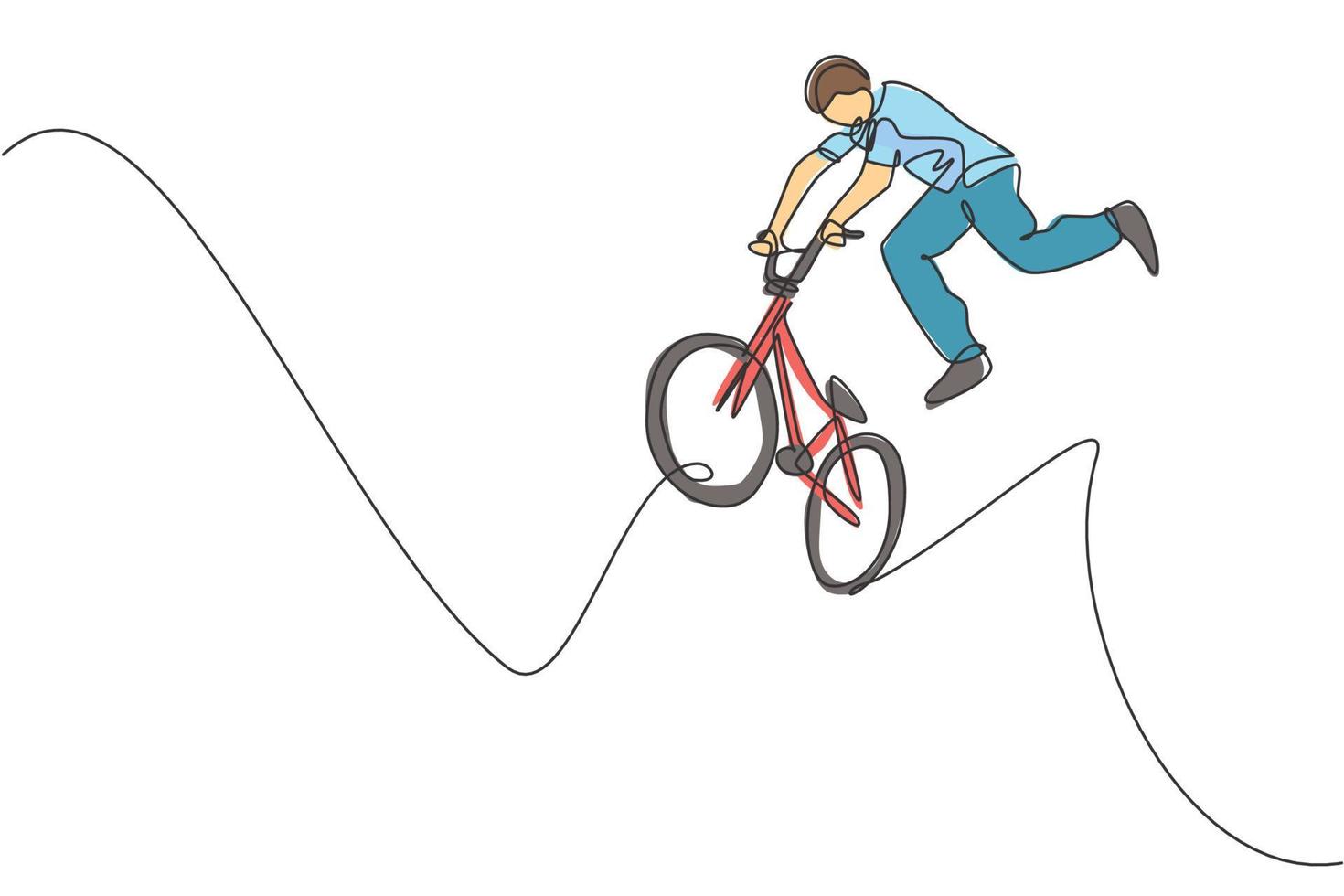 dibujo de una sola línea continua de un joven ciclista de bmx que salta al truco del aire en el parque de patinaje. concepto de estilo libre bmx. ilustración de vector de diseño de dibujo de una línea para medios de promoción de estilo libre