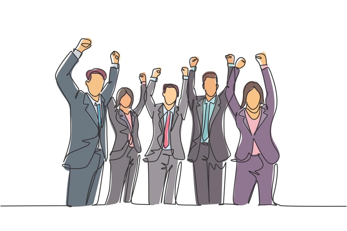 One single line drawing of group of young happy ceo and his colleagues celebrating their success achieving the company business target. Team work goal concept continuous line draw design illustration vector