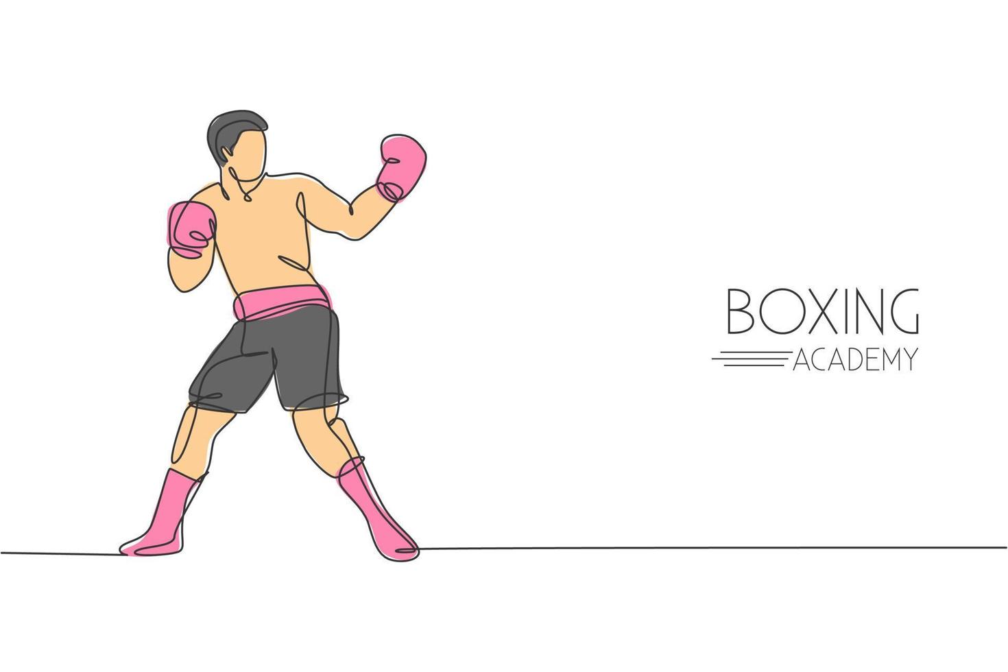 One continuous line drawing young sporty man boxer try to provoke rival. Competitive combat sport concept. Dynamic single line draw design graphic vector illustration for boxing match promotion poster