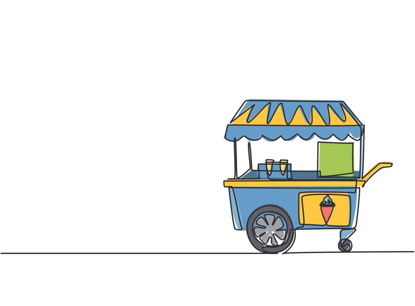 Continuous one line drawing of an ice cream booth at an amusement park using a two-wheeled cart. Delicious and yummy summertime dessert concept. Single line draw design vector graphic illustration.