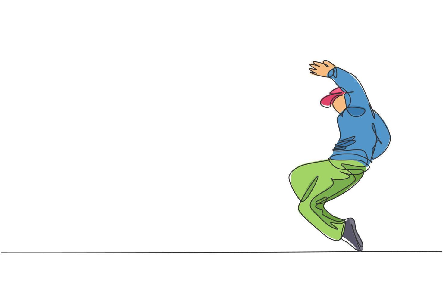Single continuous line drawing of young energetic hip-hop dancer man on hoodie practice break dancing in street. Urban generation lifestyle concept. Trendy one line draw design vector illustration