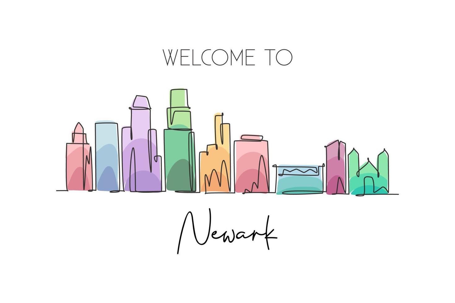 Single continuous line drawing of Newark city skyline, New Jersey. Famous city scraper landscape. World travel home wall decor art poster print concept. Modern one line draw design vector illustration