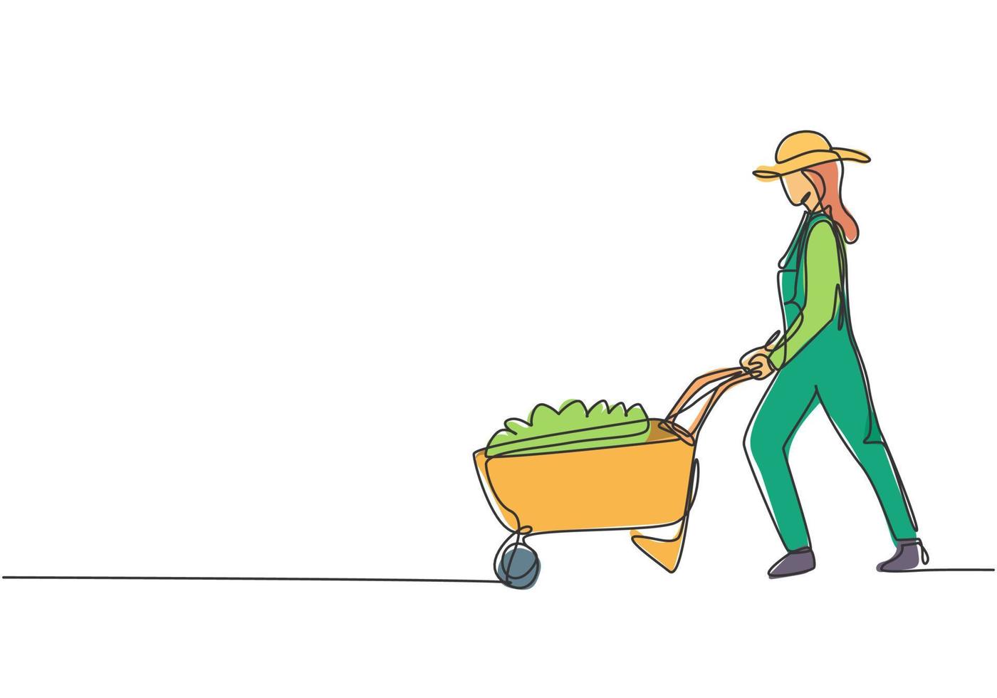 Continuous one line drawing young female farmer pushes the wheelbarrow trolley filled with fruits. A successful harvest activity minimalist concept. Single line draw design vector graphic illustration