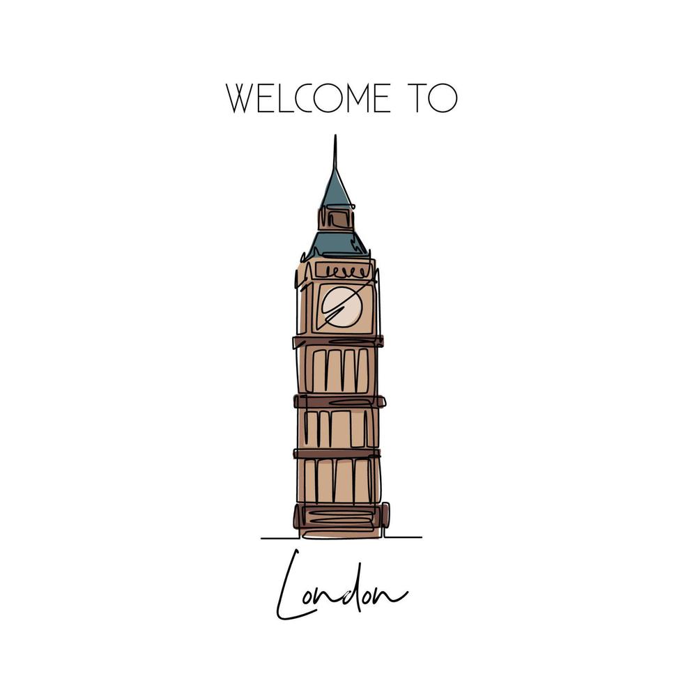 One continuous line drawing of welcome to Big Ben clock tower landmark. Beautiful iconic place in London. Home decor wall art poster print concept. Modern single line draw design vector illustration