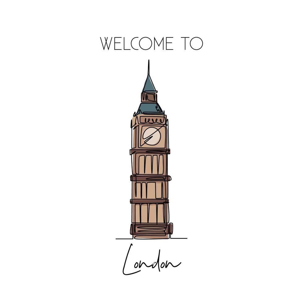 One continuous line drawing of welcome to Big Ben clock tower landmark. Beautiful iconic place in London. Home decor wall art poster print concept. Modern single line draw design vector illustration