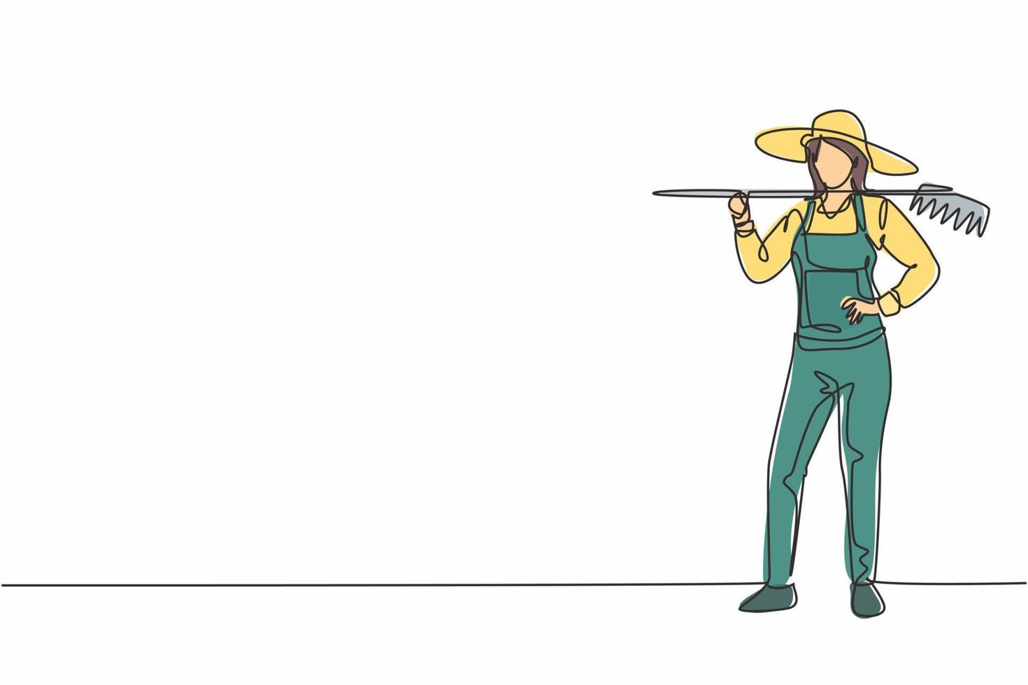 Single one line drawing of young female beauty farmer posing with hands on hip. Professional work profession and occupation minimal concept. Continuous line draw design graphic vector illustration
