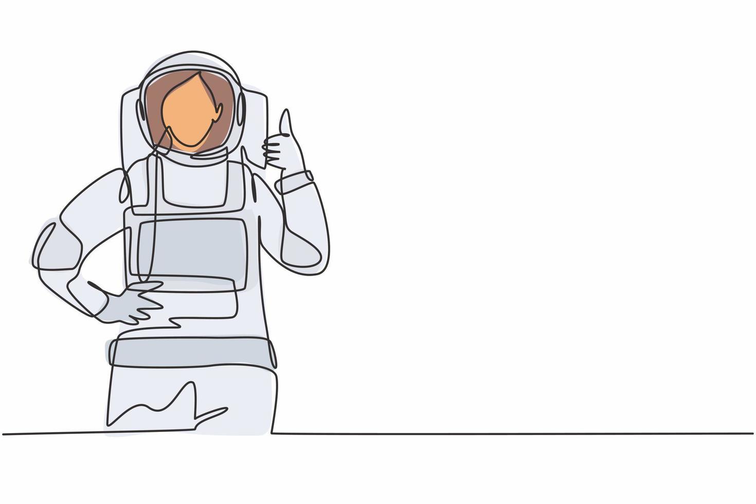 Single one line drawing of female astronauts with a thumbs-up gesture wearing spacesuits to explore space in search the mysteries of universe. Continuous line draw design graphic vector illustration