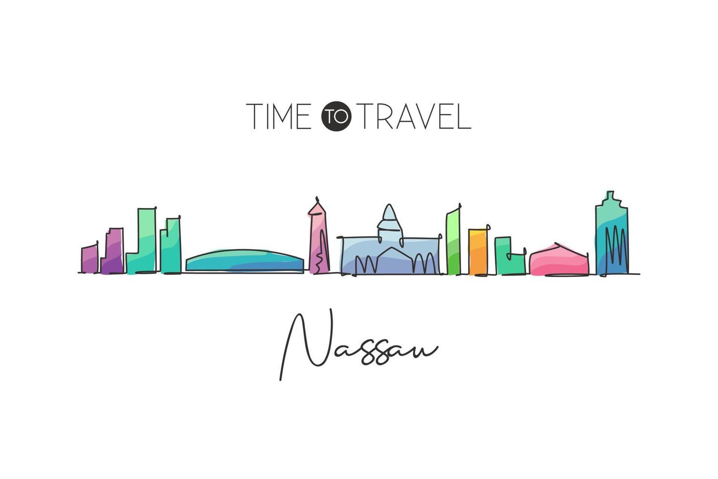 Single continuous line drawing Nassau skyline Bahamas. Famous city scraper landscape. World travel destination wall home decor poster print art concept. Modern one line draw design vector illustration