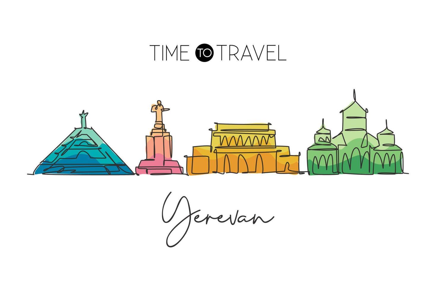 Single continuous line drawing of Yerevan city skyline, Armenia. Famous city scraper and landscape. World travel concept home wall decor poster print. Modern one line draw design vector illustration