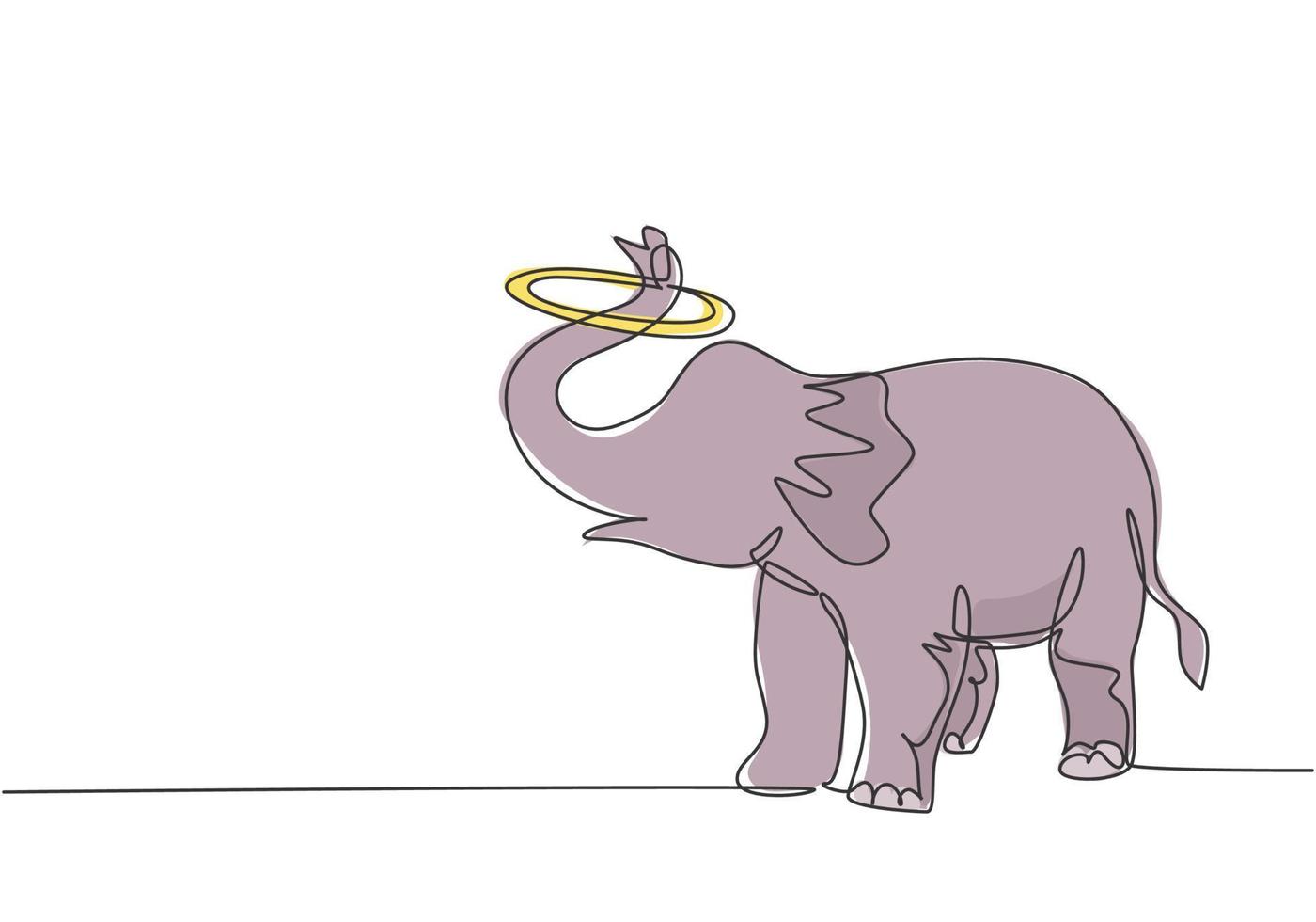 El dibujo de una sola línea de un elefante realiza un espectáculo de circo girando un círculo usando su trompa. lindo animal que es muy atractivo. Ilustración de vector gráfico de diseño de dibujo de línea continua moderna.