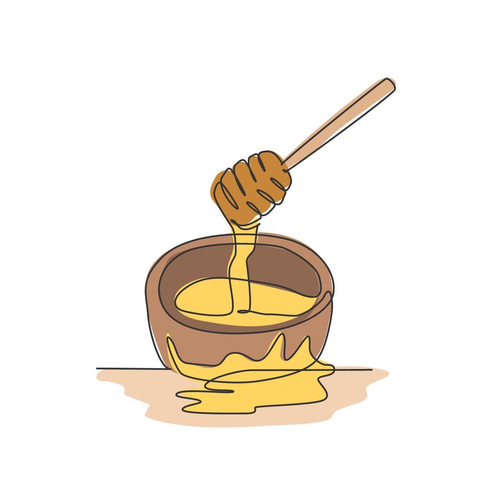 One continuous line drawing of fresh delicious sweet honey on wooden bowl with dipper drip. Natural organic food template concept. Modern single line draw design healthy supplement vector illustration