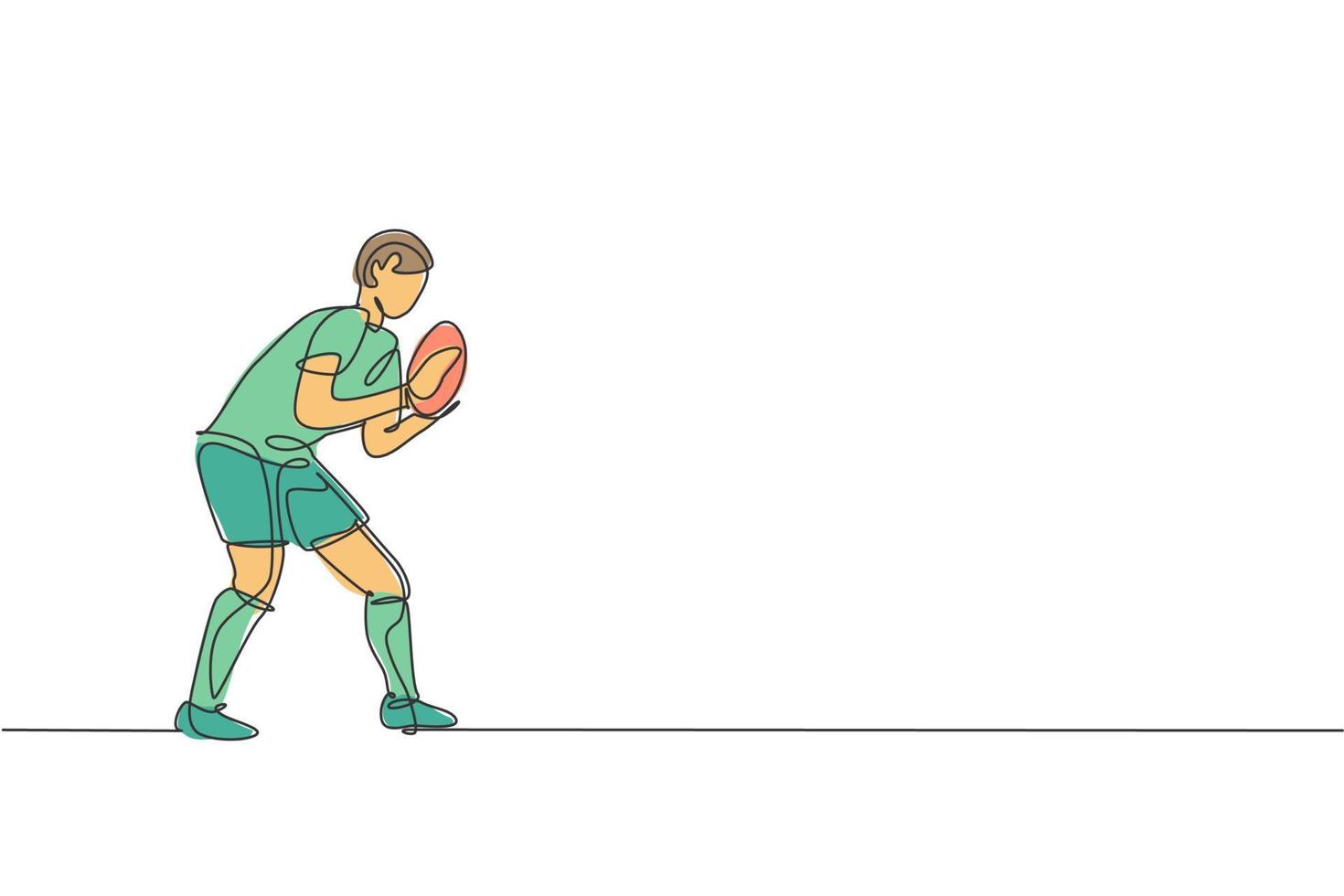 un dibujo de línea continua de un joven jugador de rugby atrapa la pelota en el partido. concepto de deporte agresivo competitivo. ilustración de vector de diseño de dibujo de línea única dinámica para medios de promoción de torneos