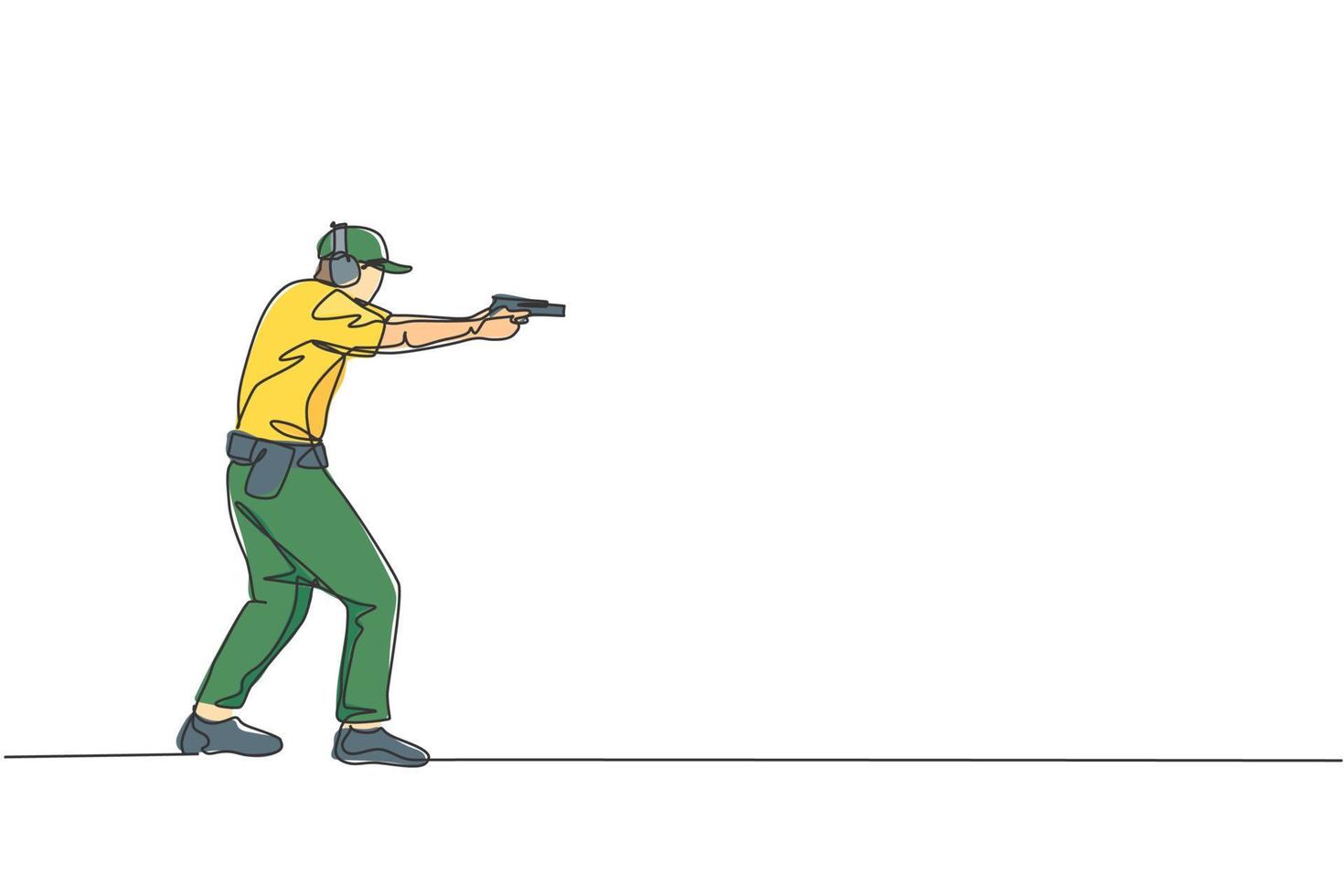 One continuous line drawing of young man on shooting training ground practice for competition with pistol handgun. Outdoor shooting sport concept. Dynamic single line draw design vector illustration