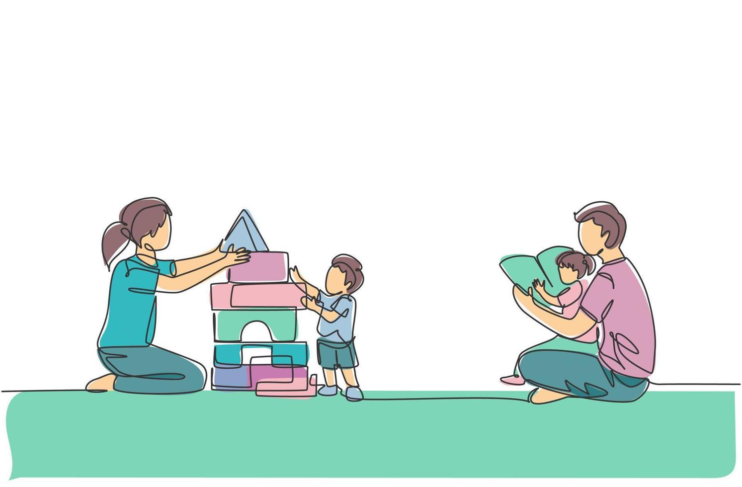 One single line drawing of young father reading book to daughter and mother playing block puzzle house with son at home vector illustration. Happy family parenting concept. Continuous line draw design