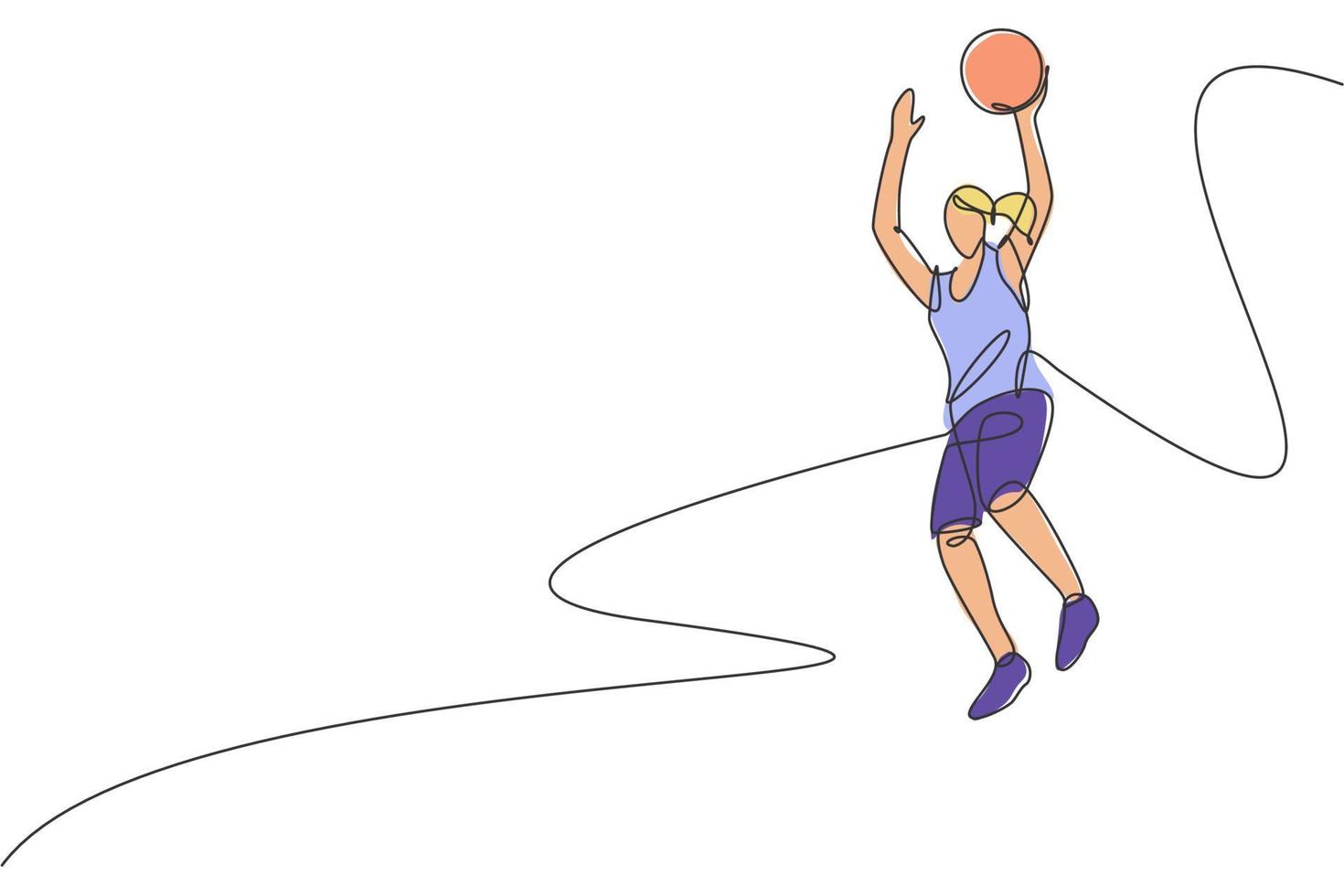 dibujo de una sola línea continua de una joven y sana jugadora de baloncesto saltando. concepto de deporte competitivo. ilustración vectorial de diseño de dibujo de una línea de moda para los medios de promoción del torneo de baloncesto vector