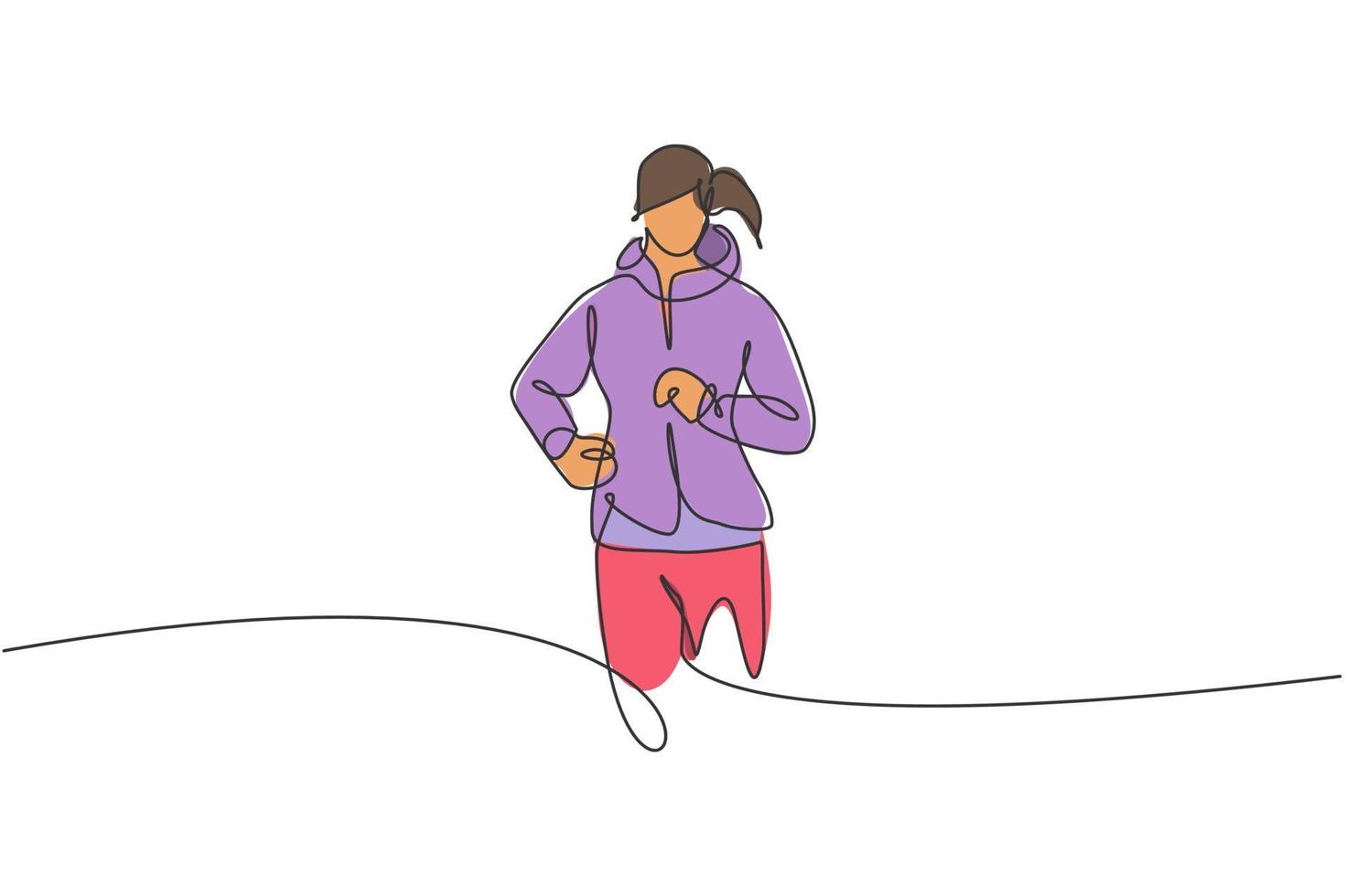 One continuous line drawing of young sporty runner woman relax running at countryside. Healthy lifestyle and fun jogging sport concept. Dynamic single line draw design vector illustration graphic