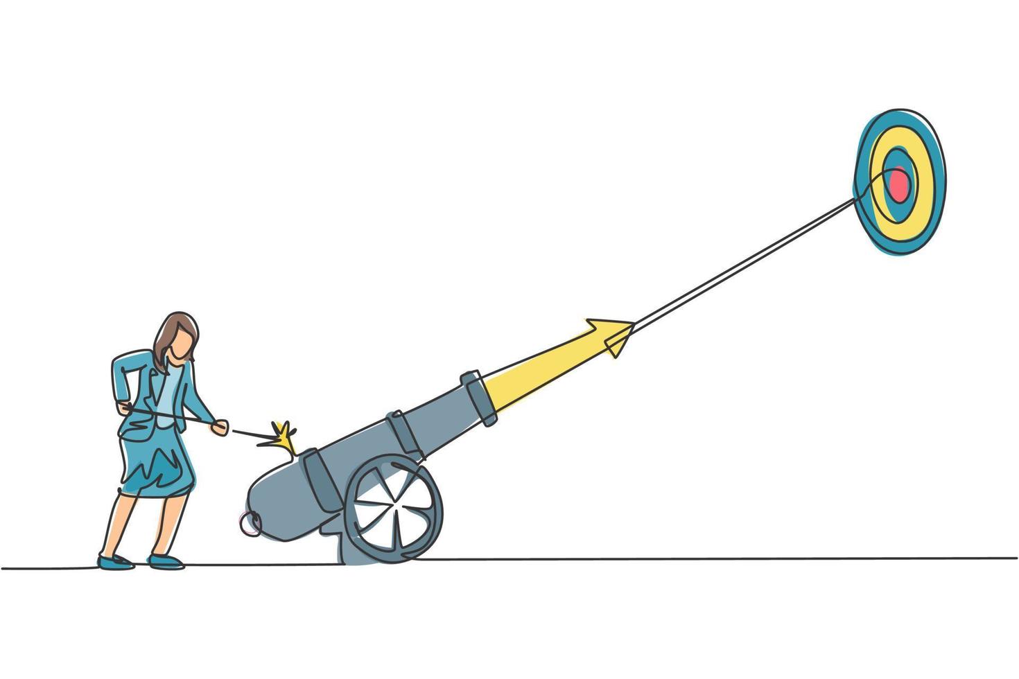Continuous one line drawing young female worker focus fire on cannonball weapon to hit business target. Success business manager minimalist concept. Single line draw design vector graphic illustration