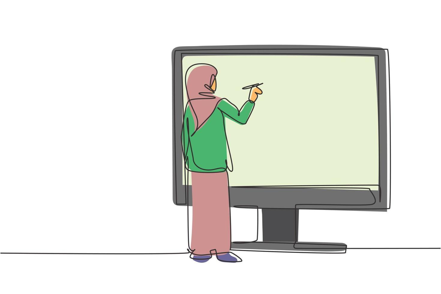Dibujo de línea continua única paciente masculino árabe dándose la mano con la doctora en el teléfono inteligente que sostiene el portapapeles. concepto médico en línea. Ilustración de vector de diseño gráfico de dibujo de una línea dinámica