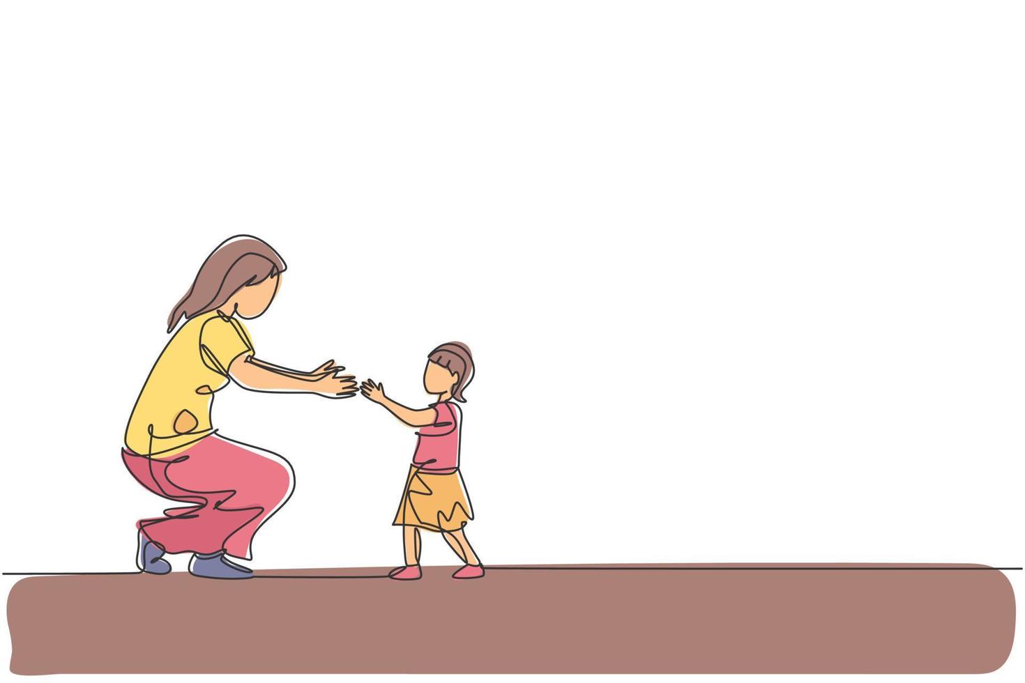 Un dibujo de una sola línea de la joven madre dispuesta a abrazar a su hija que aprendió a caminar hacia ella en la ilustración de vector de casa. concepto de crianza de los hijos de familia feliz. diseño gráfico de dibujo de línea continua moderna