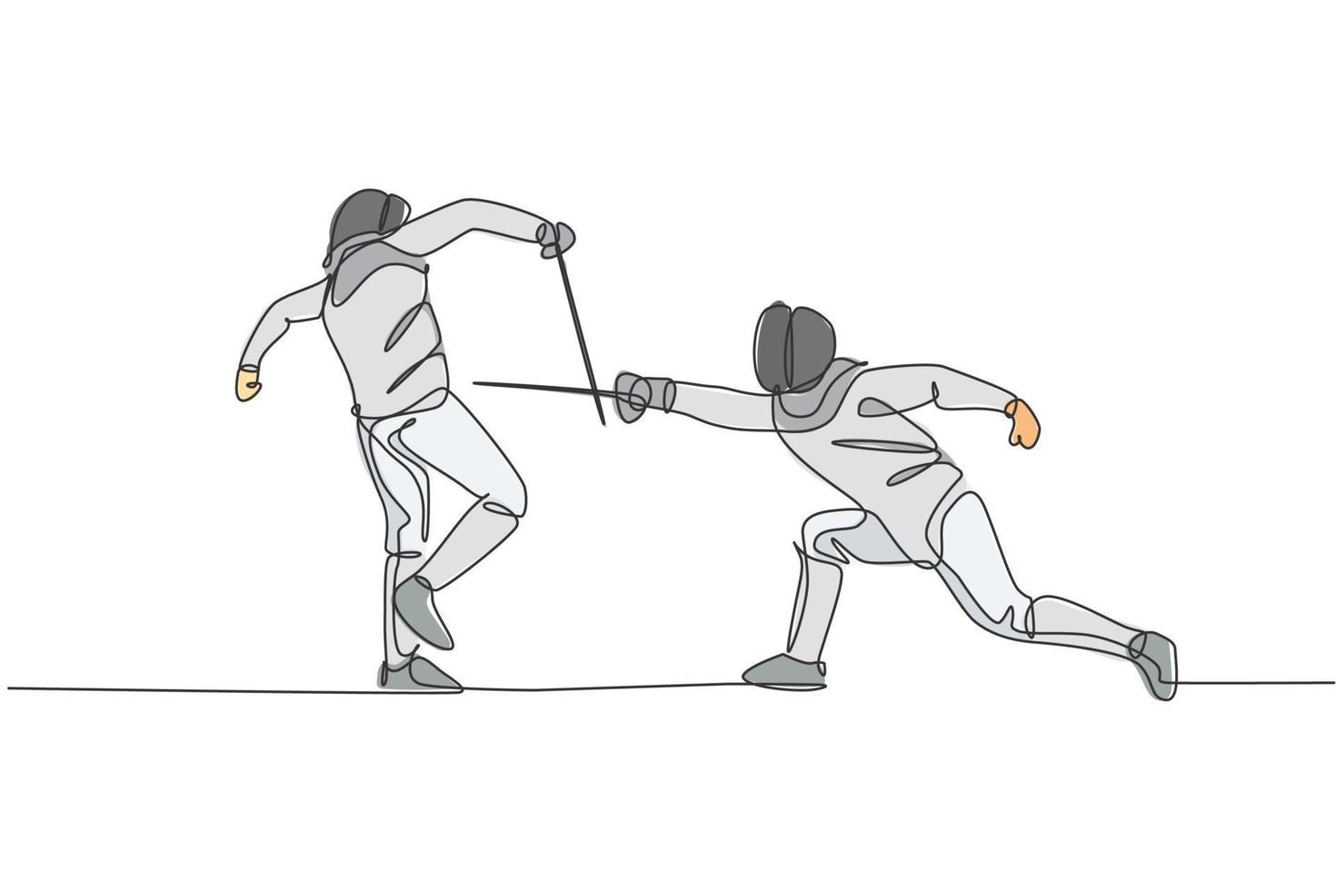 un dibujo de línea continua de dos jóvenes practicando atletas de esgrima luchando en el campo deportivo. disfraz de esgrima y sosteniendo el concepto de acción de espada. Ilustración de vector de diseño de dibujo de línea única dinámica