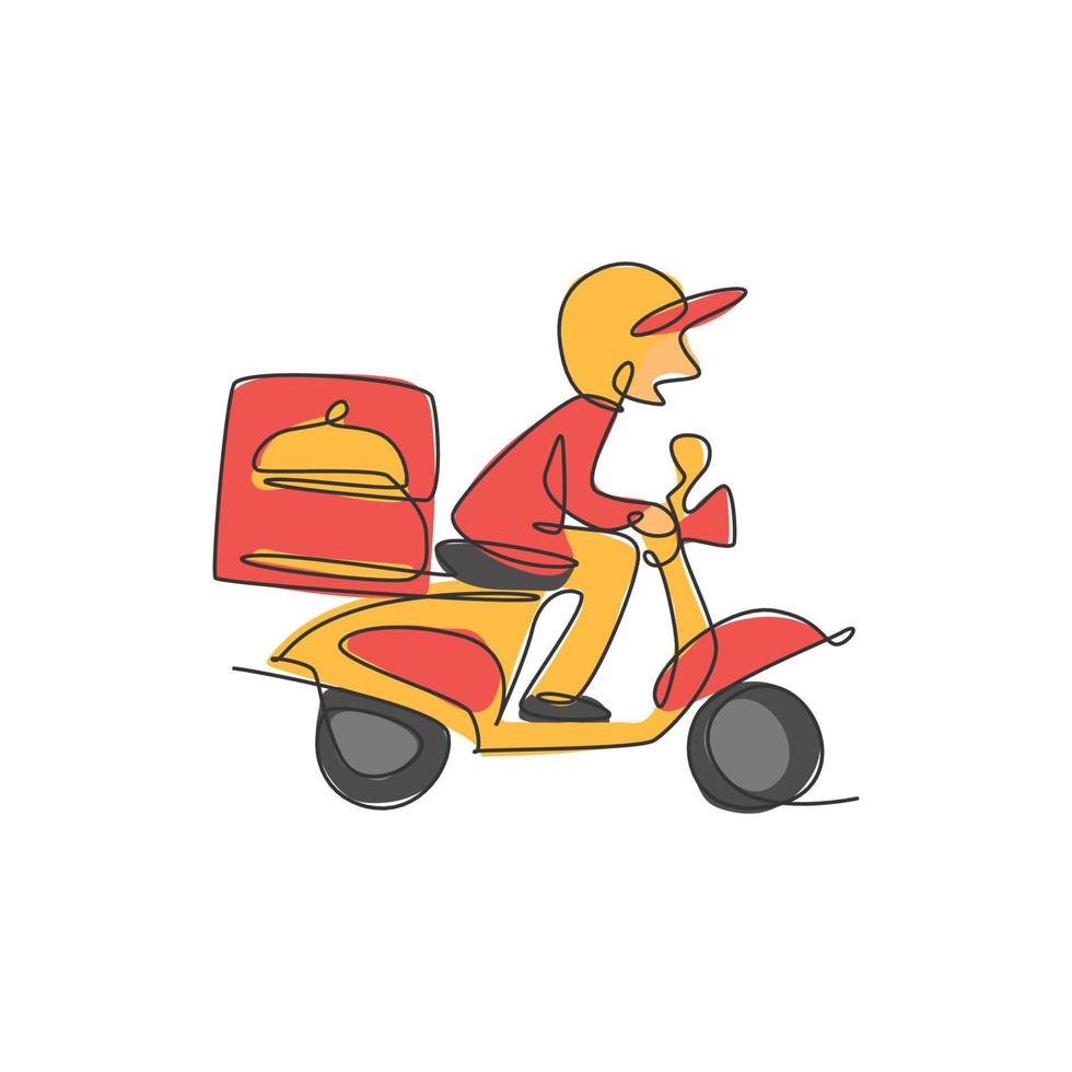 Single continuous line drawing young man driving motorcycle carrying box for food delivery service logo label. Restaurant food delivery concept. Modern one line draw design vector illustration