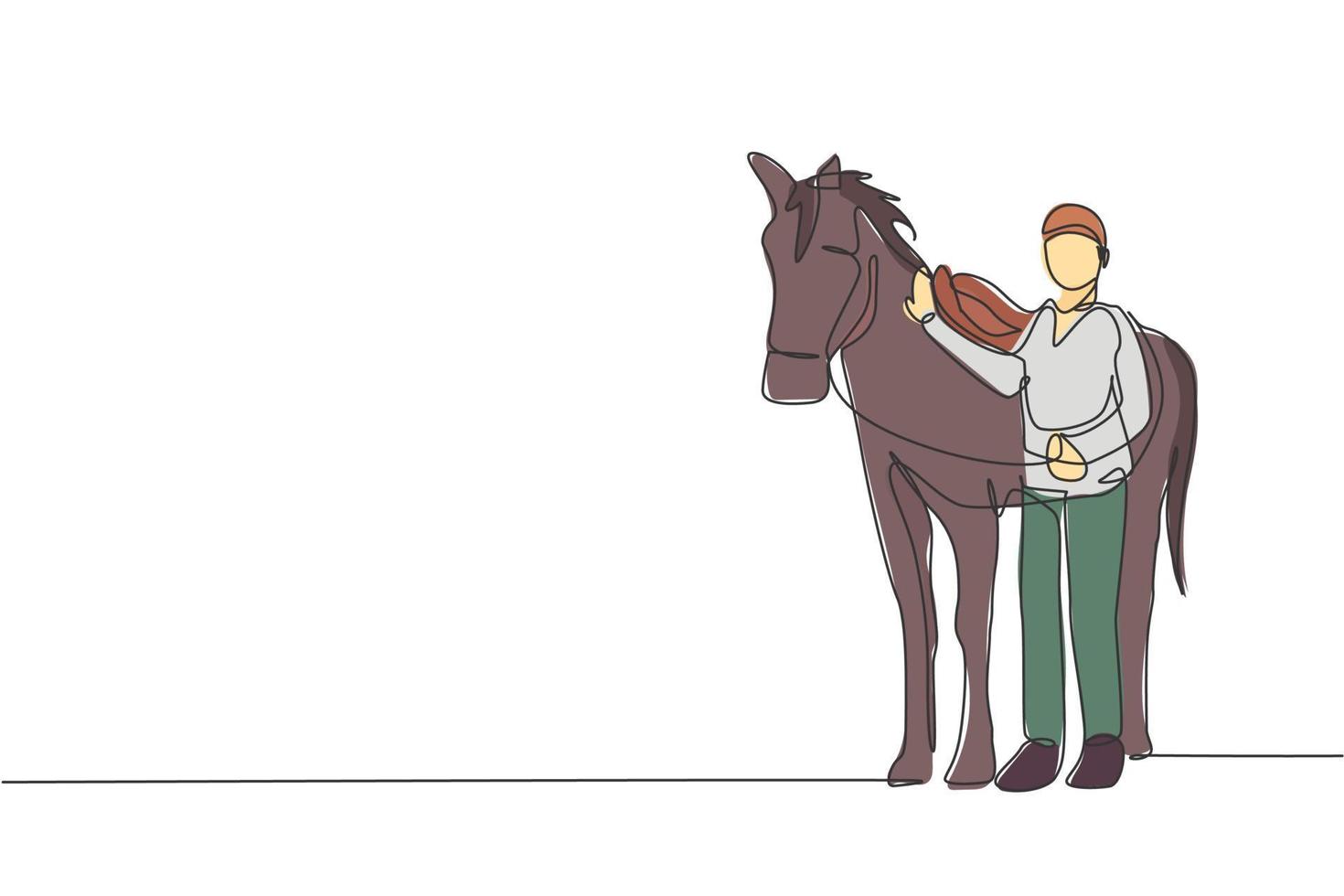 One continuous line drawing of young horse rider man rubbing and stroking horsehair at stable. Equine care. Equestrian sport competition concept. Dynamic single line draw design vector illustration