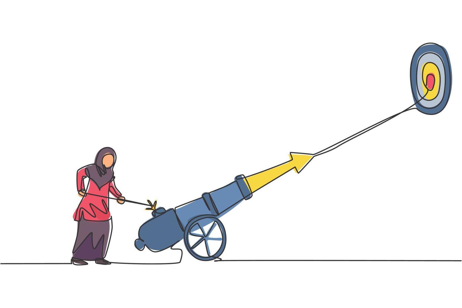 Single continuous line drawing young professional female Arab entrepreneur fire the cannonball to hit goal target. Minimalism metaphor concept dynamic one line draw graphic design vector illustration