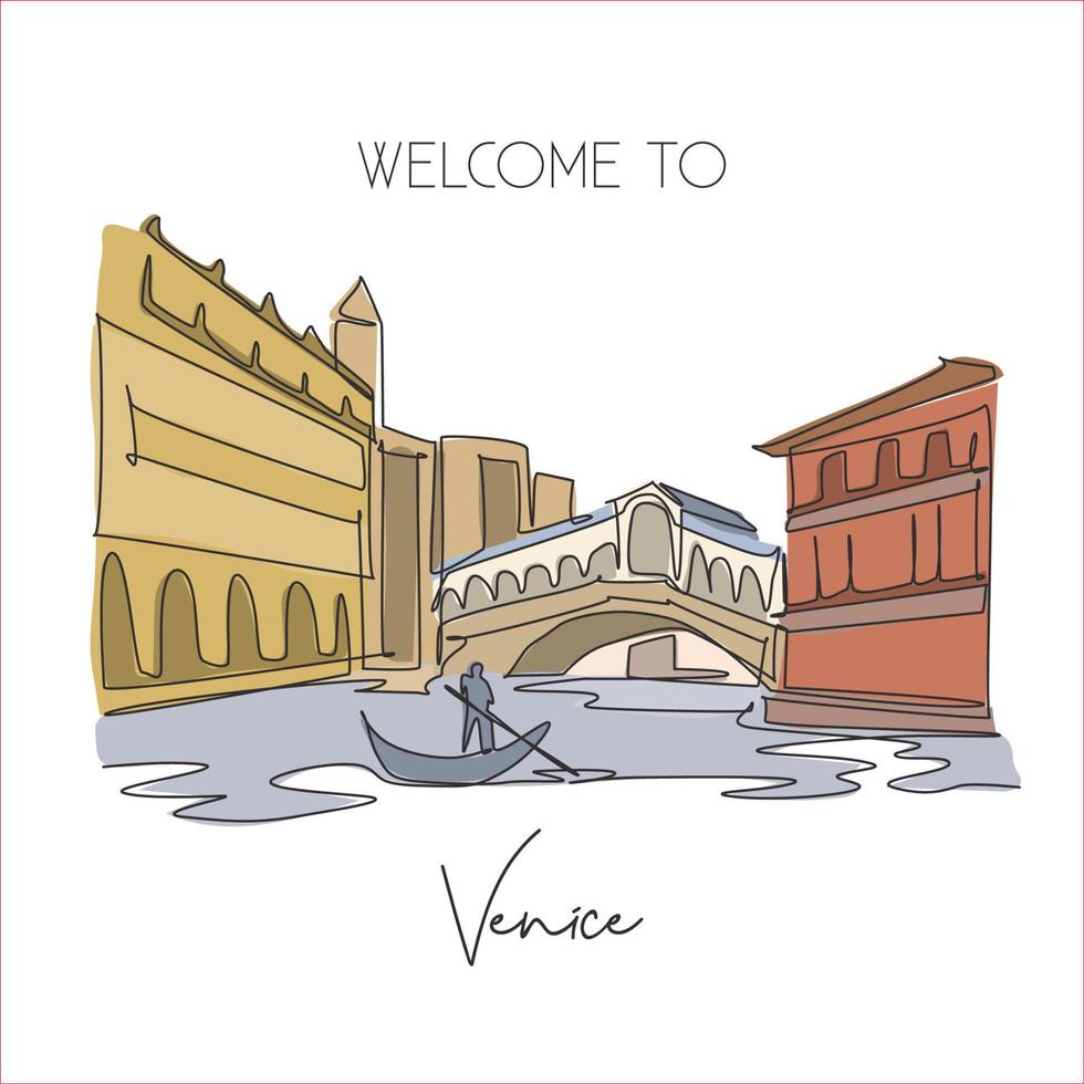 One single line drawing Rialto Bridge landmark. World famous iconic canal in Venice Italy. Tourism travel postcard home wall decor poster print concept. Continuous line draw design vector illustration